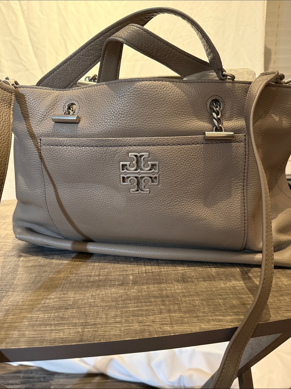 Tory Burch Taupe Pebbled Leather Shoulder Satchel